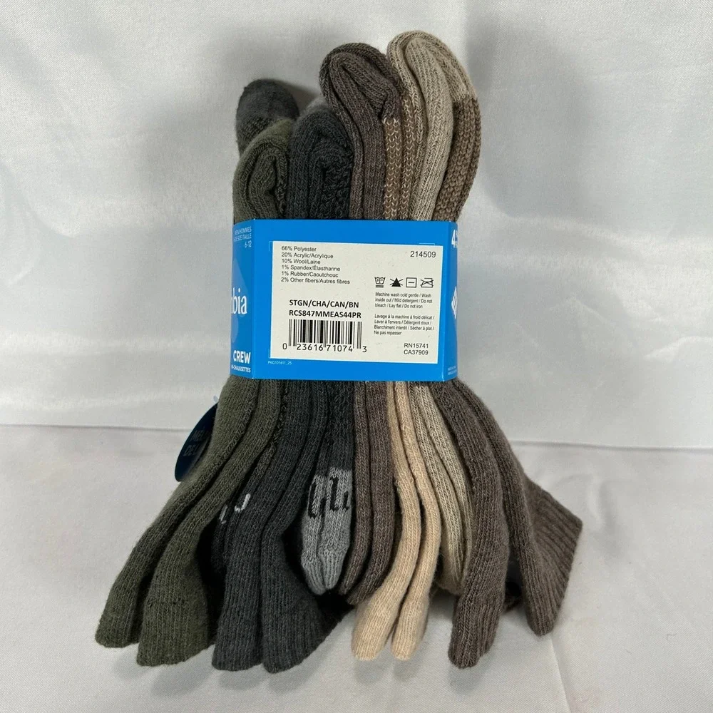 Columbia Mens 4 Pack Wool Blend Crew Socks Green Brown Tan Grey RCS847MMEAS44PR